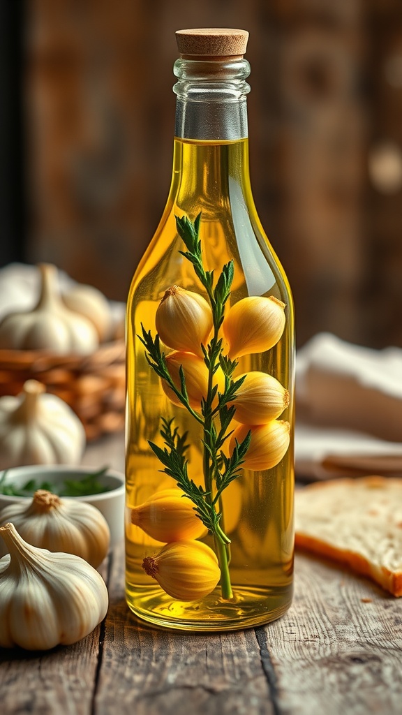 A glass bottle of garlic-infused olive oil with garlic cloves and herbs, accompanied by a bowl of bread on a wooden table.